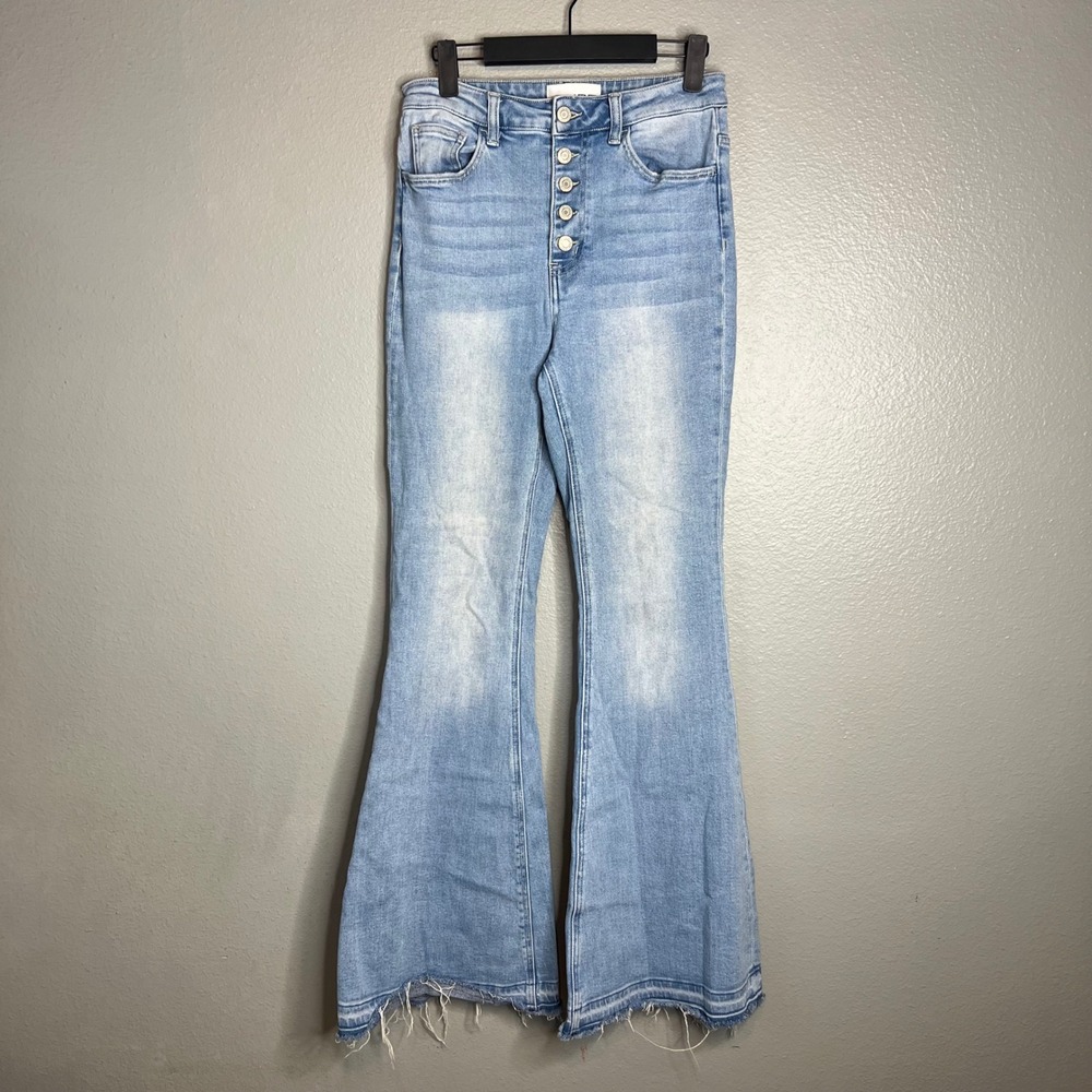 Vervet High Rise Flare Jeans Sz 28 Light Wash Raw Hem Button Fly Boho Festival